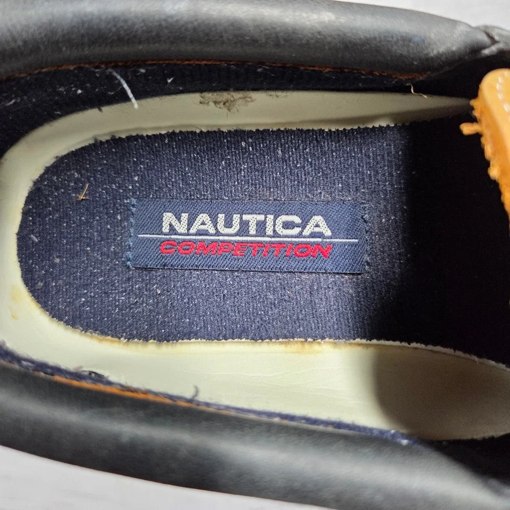 Nautica Competition Boat Shoes Mens 10M Tan Navy Blue Leather Loafers 85-2137
